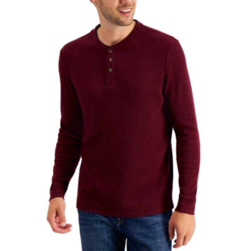 Club Room Men's Thermal Long Sleeve Henley T Shirt Red Plum Large