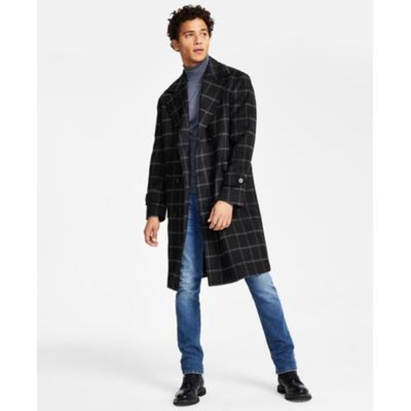 INC International Concepts Mens Emerson Window Pane Top Coat Black Large