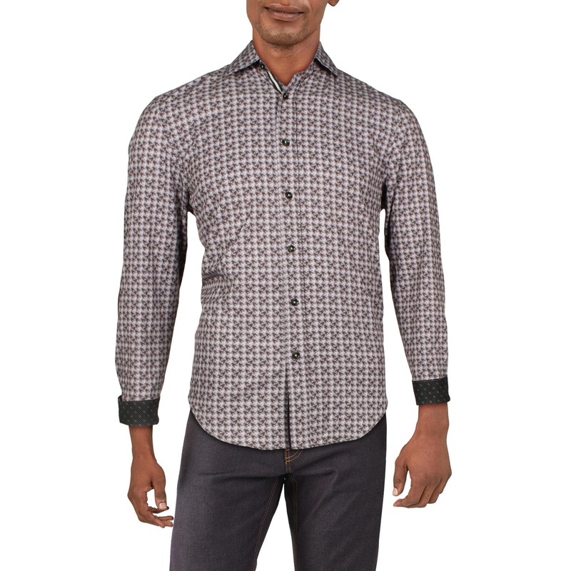 Society of Threads Mens Houndstooth Wrinkle Free Button Down Shirt Grey Large