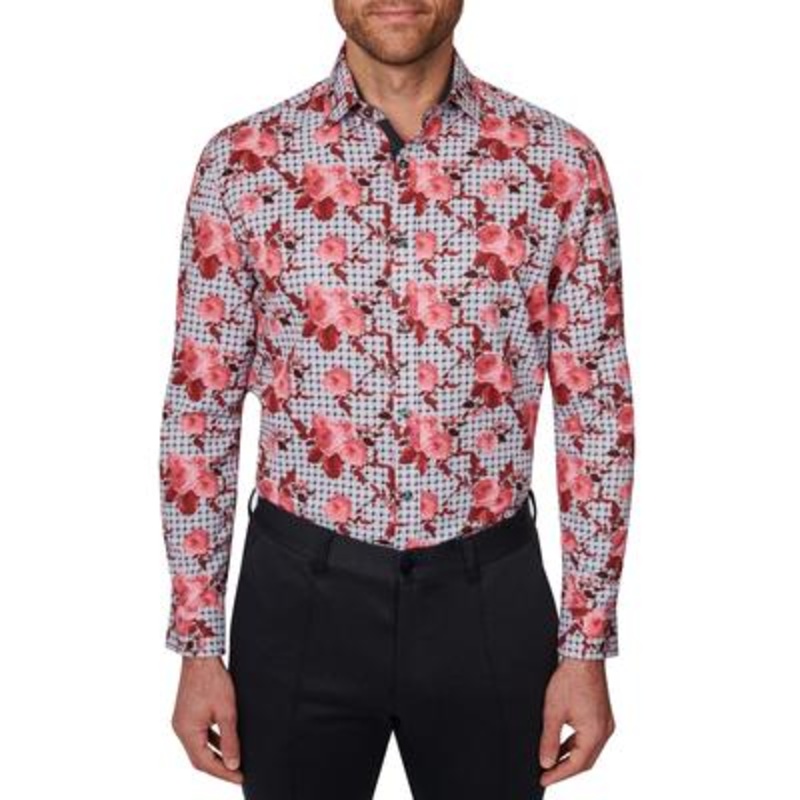 Society of Threads Mens Slim Fit Floral Dress Shirt Grey Small 14 14.5 32 33