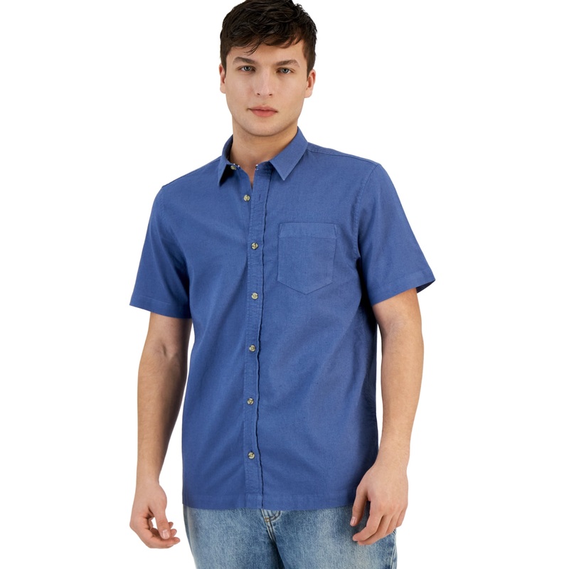Sun Stone Men's Blake Linen Chambray Short Sleeve Button Down Shirt Blue XL
