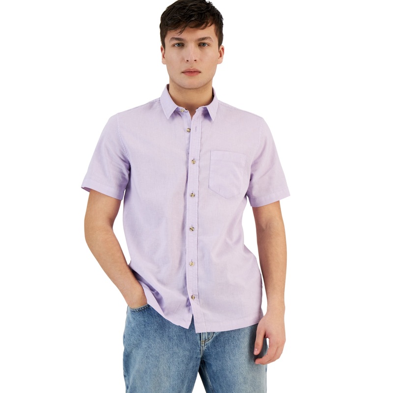 Sun + Stone Men's Blake Linen Chambray Short Sleeve Button Down Shirt Purple 2XL