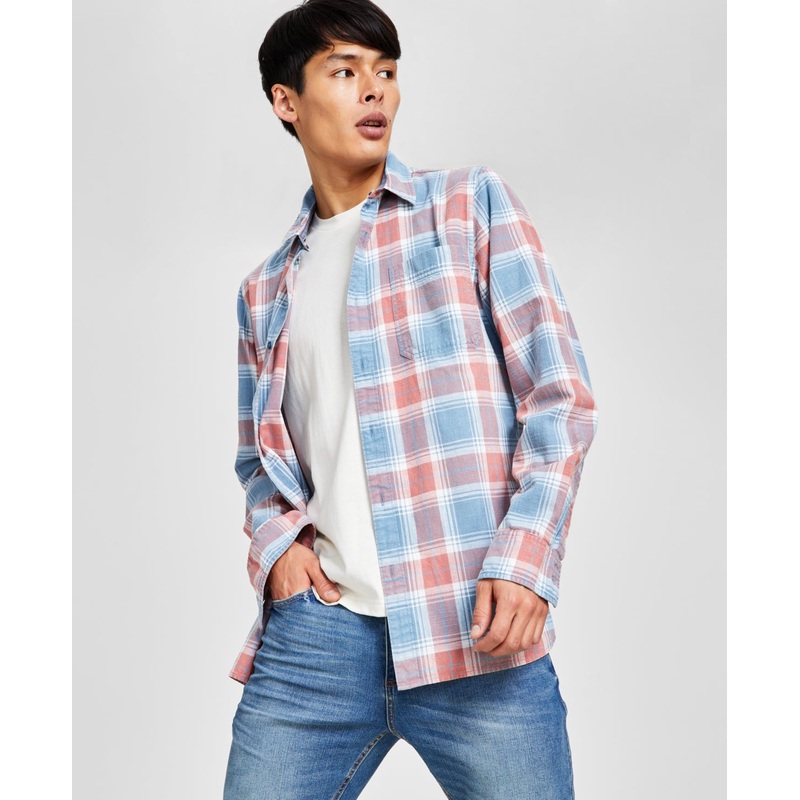 Sun + Stone Men's Brock Classic Fit Textured Plaid Button Down Shirt Pink 2XL