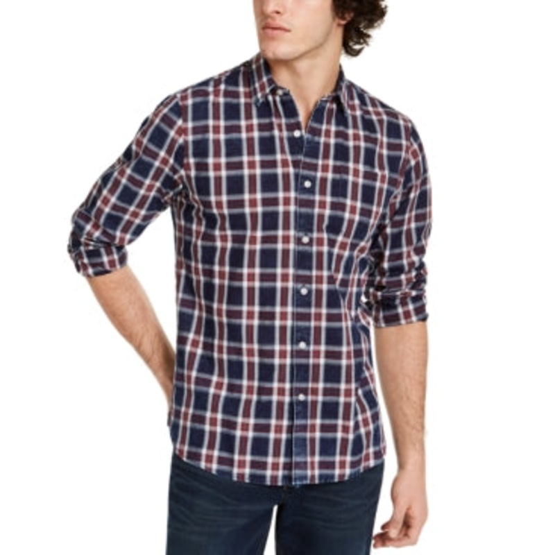 Sun + Stone Men's Dio Plaid Button Down Shirt Navy Medium