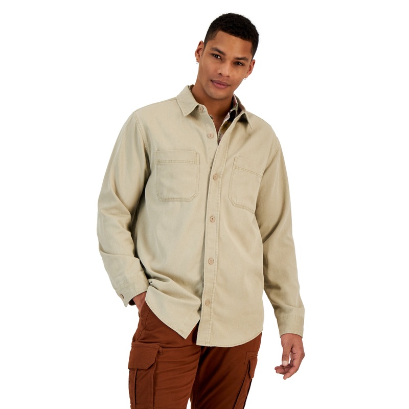 Sun + Stone Men's Edgar Long-Sleeve Shirt Small Khaki Tan