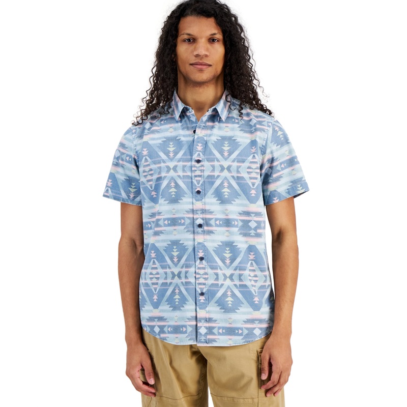 Sun + Stone Men's Kline Regular Fit Geo Print Button Down Shirt Blue Medium