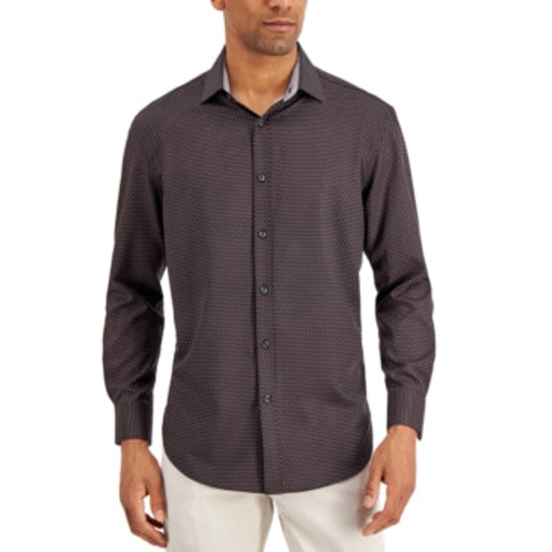 Tallia Men's Slim Fit No Iron Stretch Print Dress Shirt Black Medium