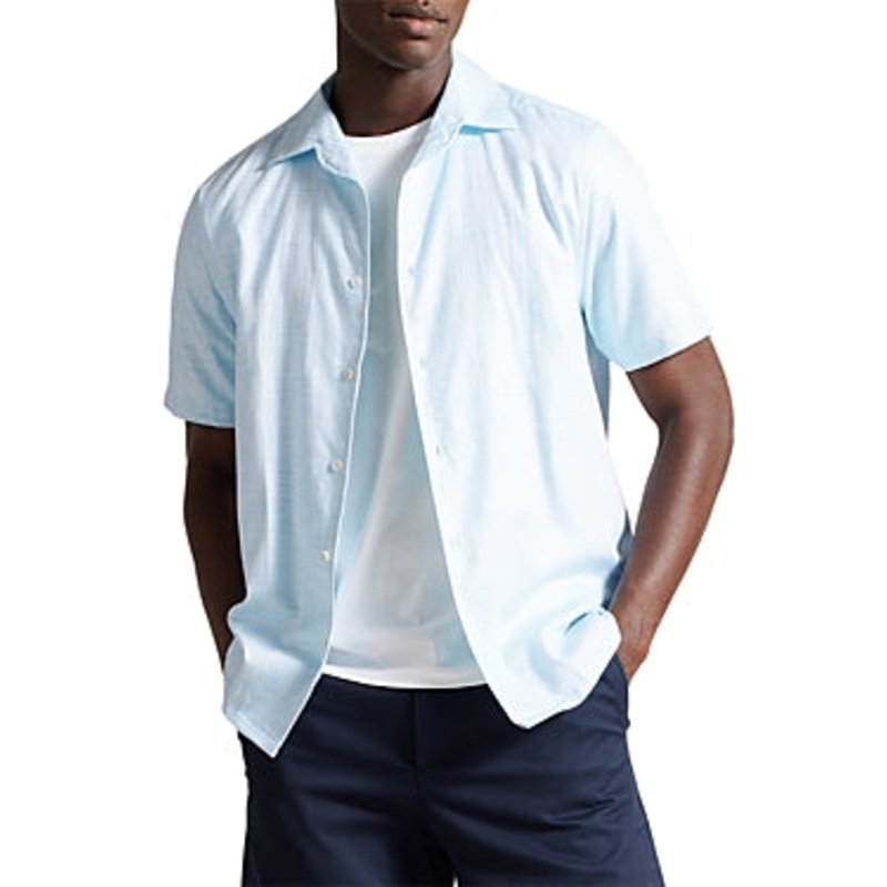 Ted Baker Seamus Mens Short Sleeve Linen Button Down Shirt Blue Large
