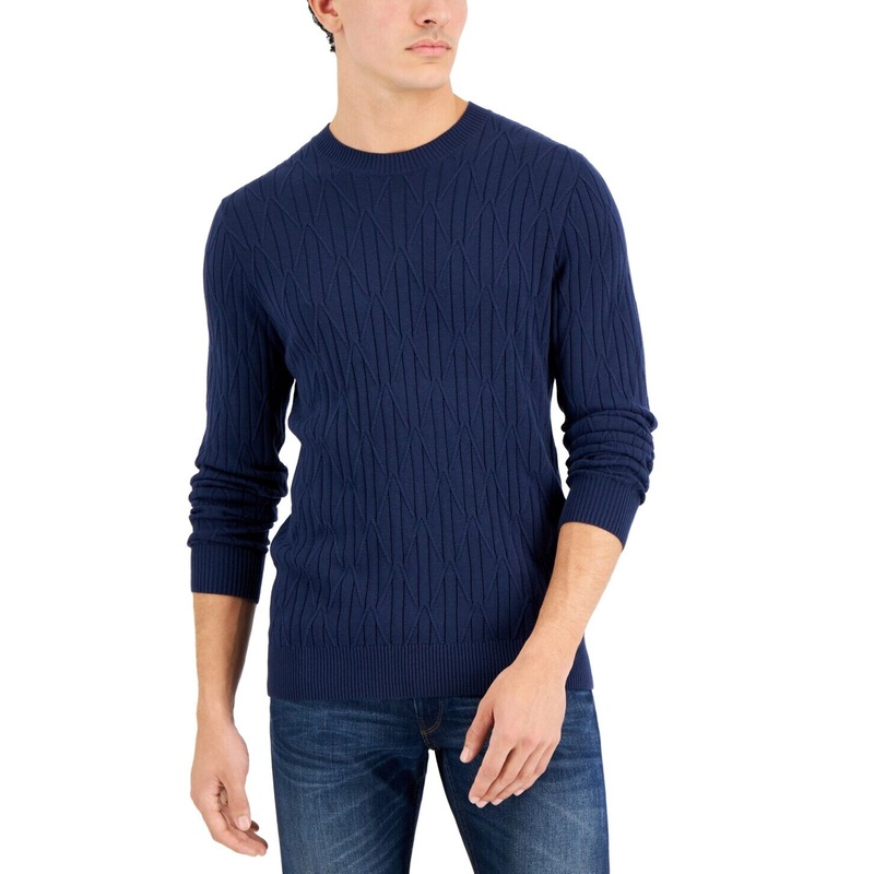 Alfani Men's Cable Knit Cotton Crewneck Sweater Navy Blue Small