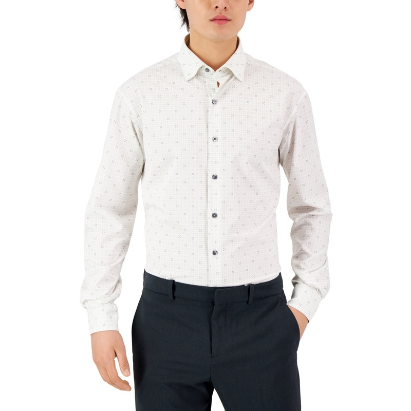 Alfani Men's Regular Fit Geo Print Dress Shirt White Grey 17 17.5 34 35