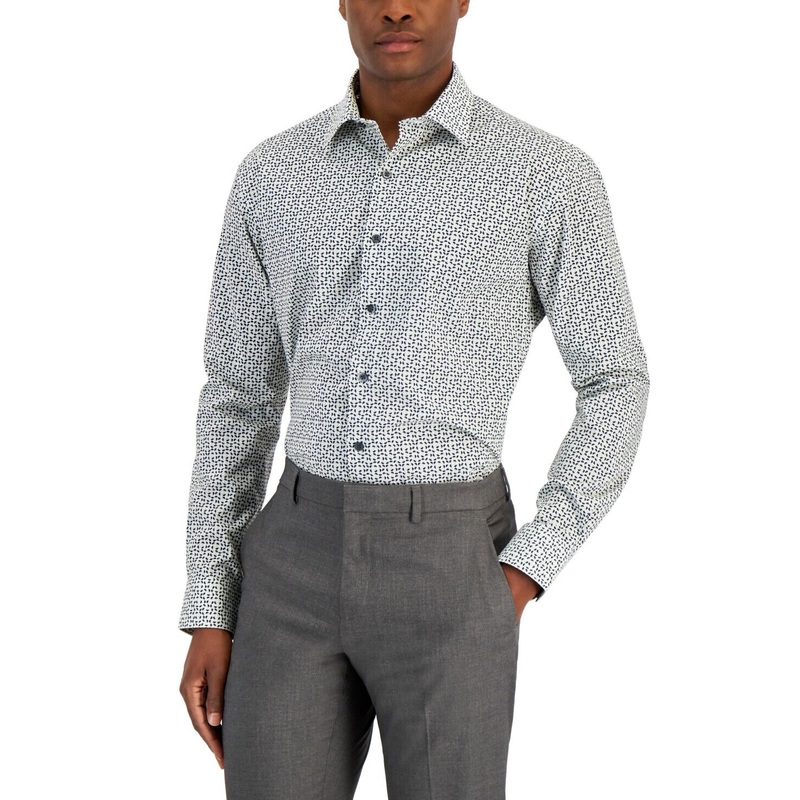 Alfani Men's Regular Fit Traveler Button Stretch Shirt White Mint Medium