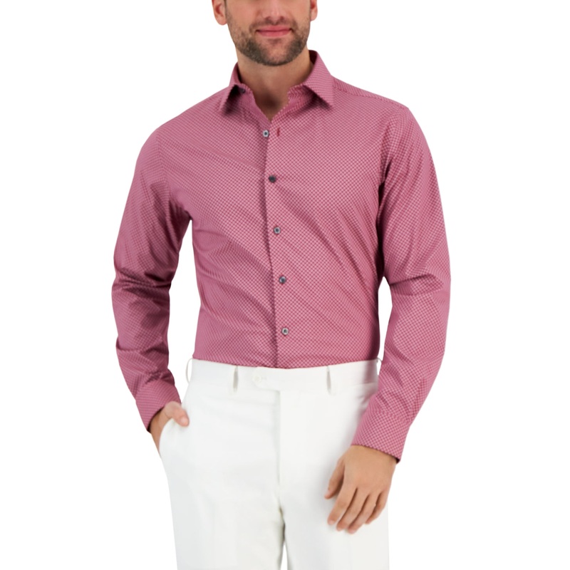 Alfani Men's Slim Fit Puzzle Print Dress Shirt Rose Red White Large