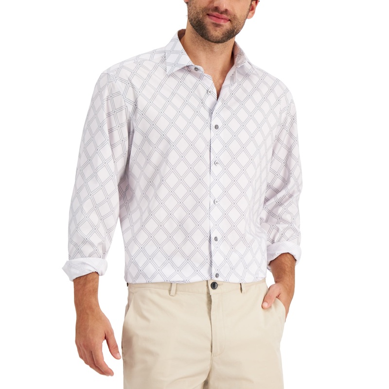 Alfani Mens Regular Fit Button Down Dress Shirt White Grey  Large