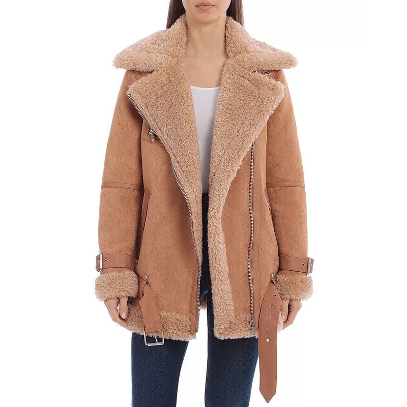 Avec Les Filles Womens Faux-Shearling Moto Jacket Toffee XS Extra Small