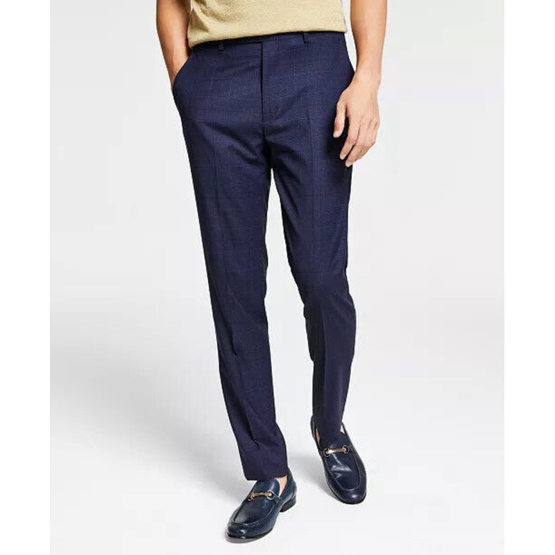 BAR III Men's Skinny-Fit Plaid Suit Dress Pants Blue Plaid 38 x 30 Flat Front
