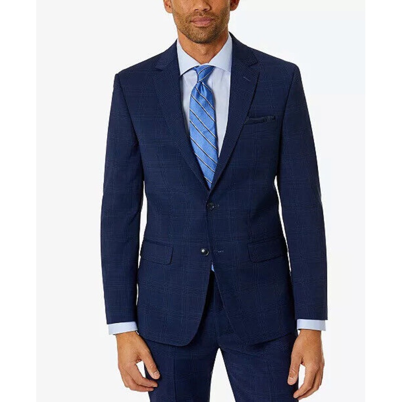 BAR III Men's Skinny-Fit Suit Jacket 46R Blue Plaid Sport Coat / 2 Button