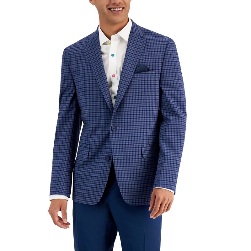Bar III Men's Slim-Fit Patterned Suit Jacket Blue Check 44L