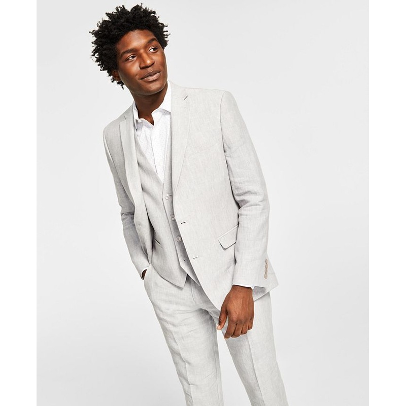 BAR III Men's Slim Textured Linen Suit Jacket 40L Light Grey 2 Button
