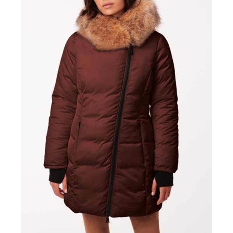 BERNARDO Asymmetrical Zip Faux-Fur Trim Hooded Puffer Coat Brownie Bite Large