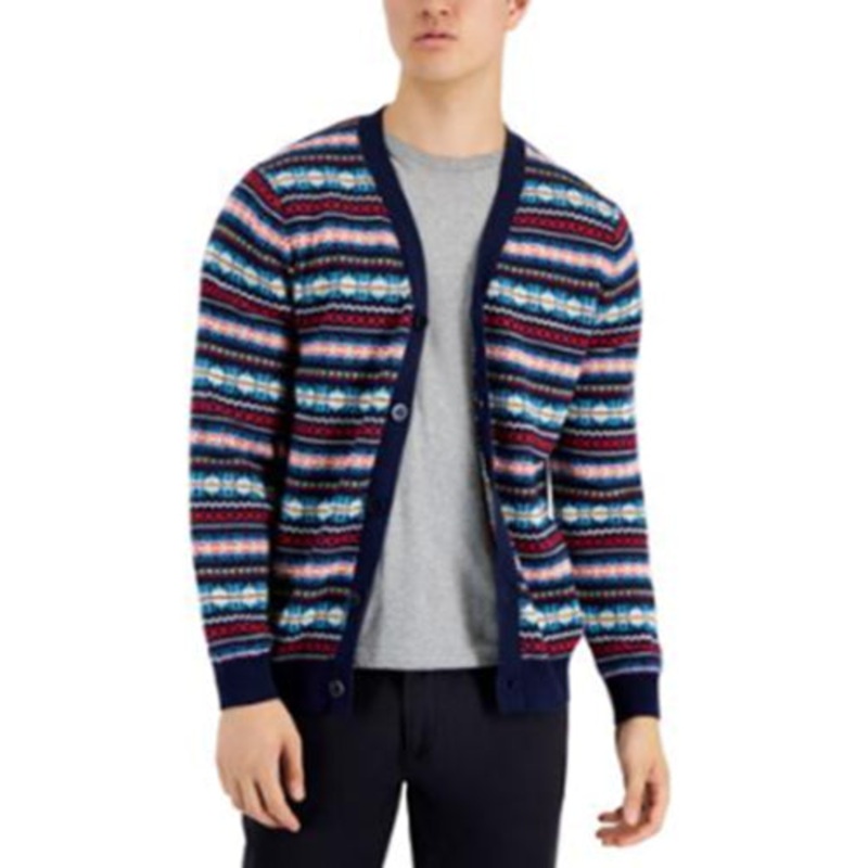Club Room Men's Cozy Fair Isle Button Up Cardigan Sweater Navy Blue XL