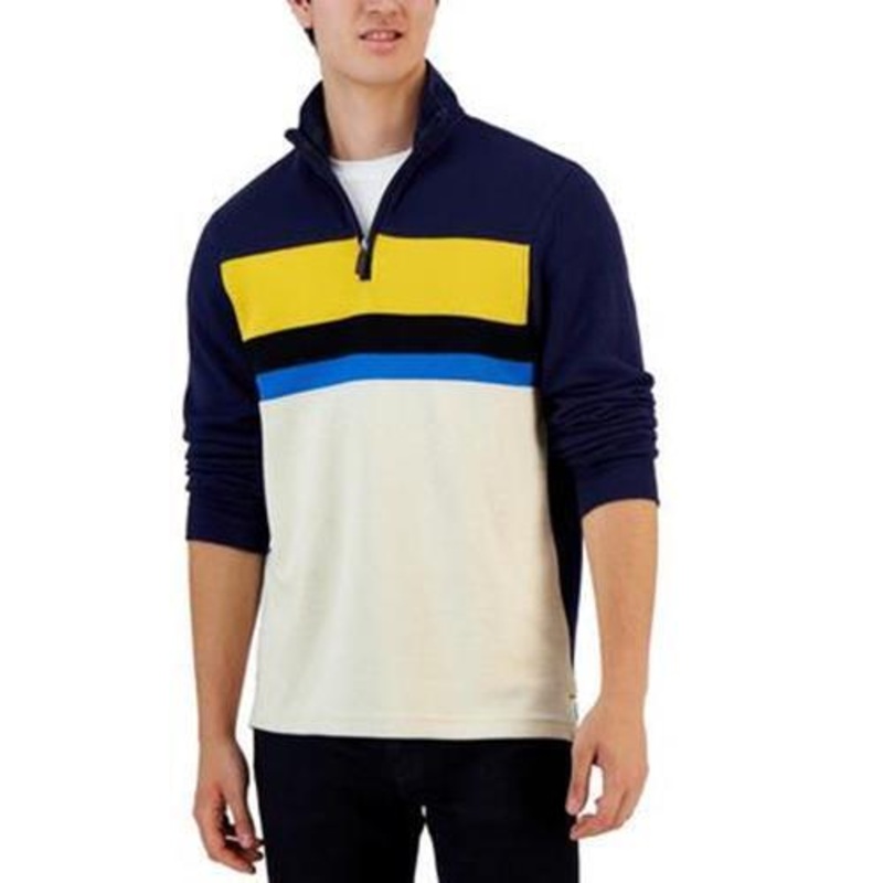 Club Room Mens Colorblocked French Rib Quarter Zip Sweater Navy Blue 2XL XXL