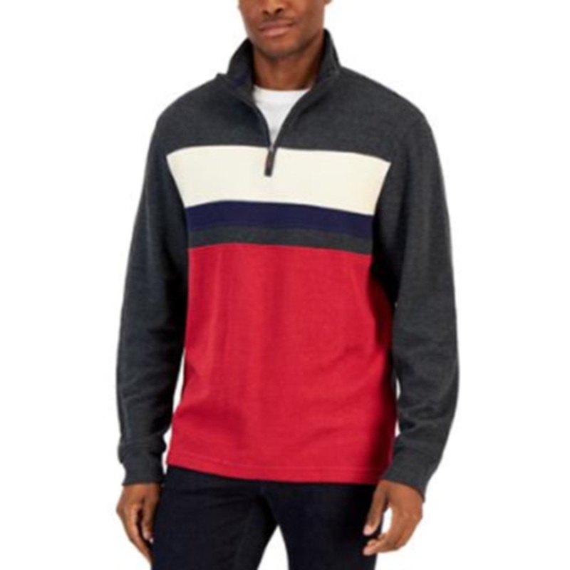 Club Room Mens Colorblocked Quarter Zip Sweater XL Red Grey