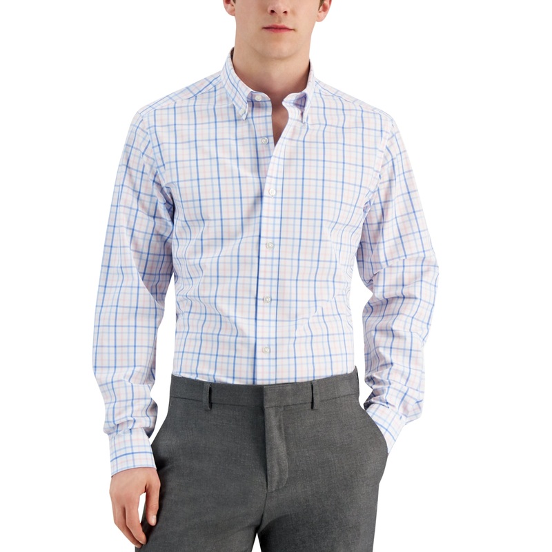 Club Room Mens Slim Fit Plaid Button Down Dress Shirt Blue White XL