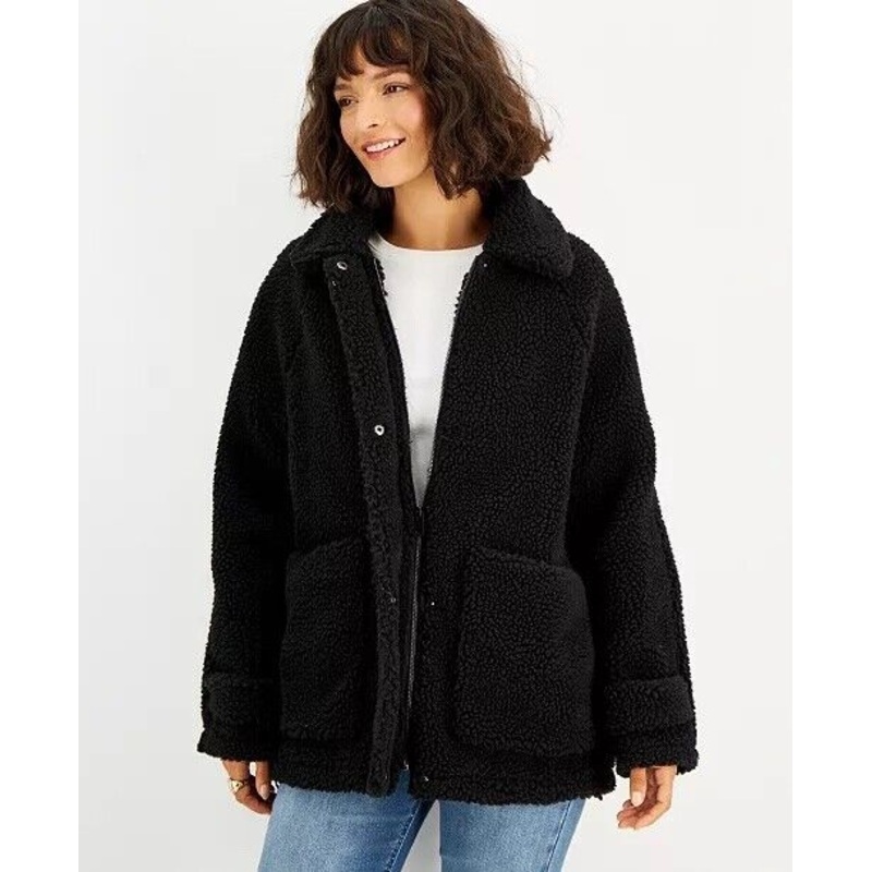 COFFEESHOP Girls Juniors' Collared Zip-Front Fleece Coat Black XL