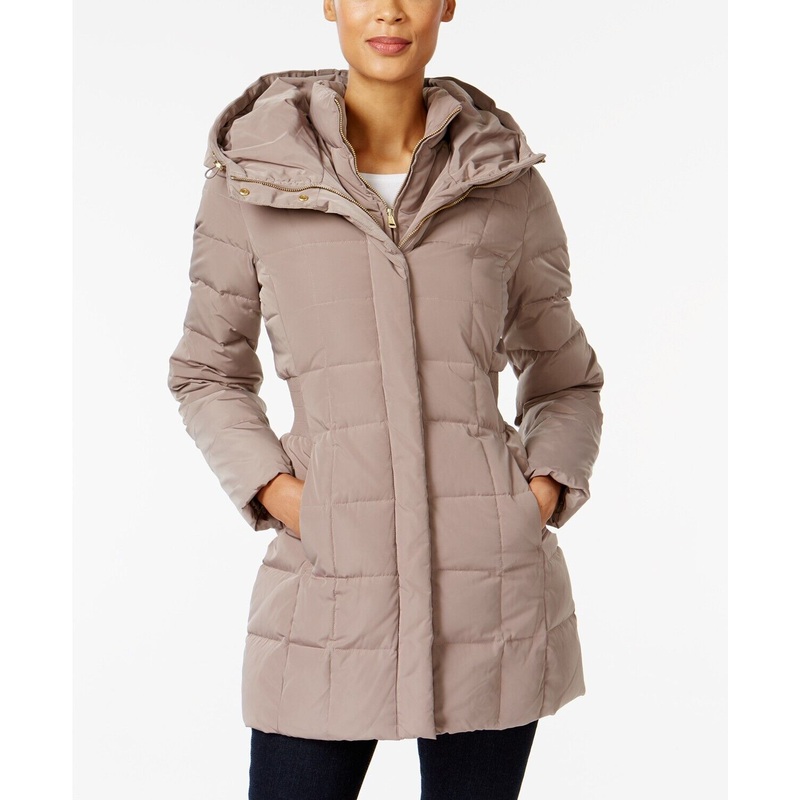 Cole Haan Womens Hooded Down Puffer Coat Medium Cashew Tan