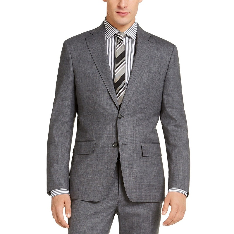 DKNY Men's Slim-Fit Stretch Suit Jacket Plaid 44R Light Grey Blue