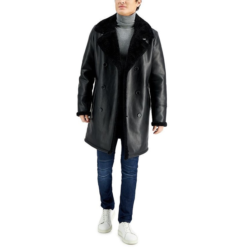 GUESS Mens Long Pleather Double Breasted Coat Small Black Faux Shearling Collar
