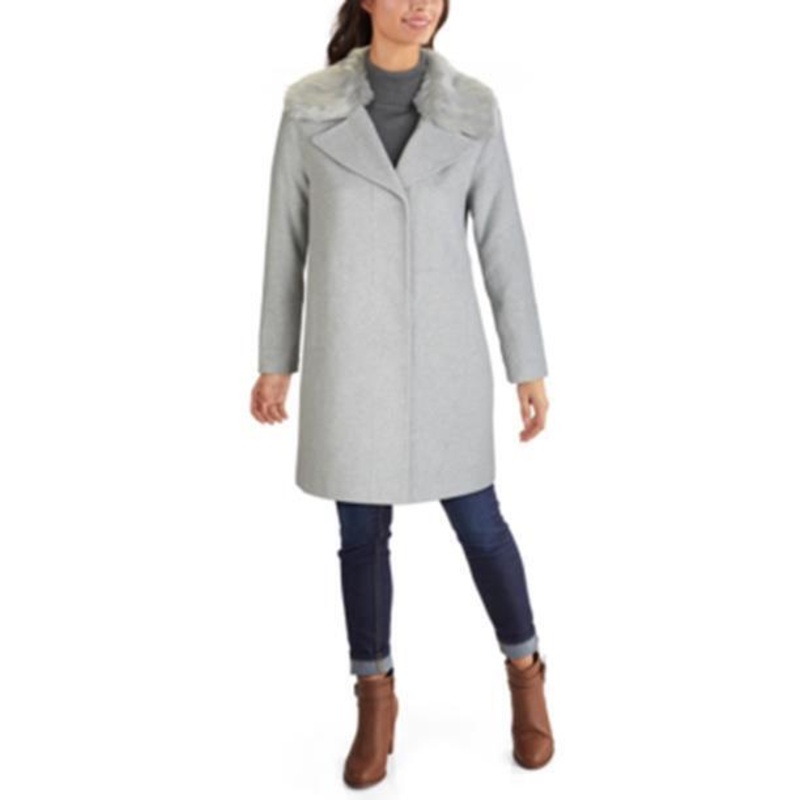 Kenneth Cole Womens Faux-Fur-Collar Single-Breasted Coat Large Grey Wool