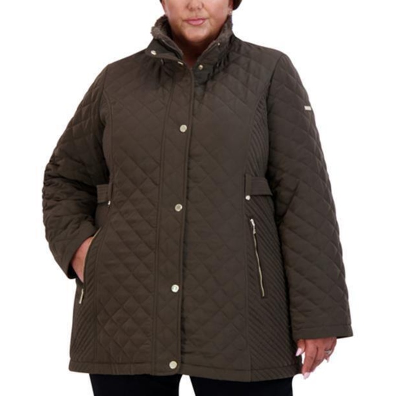 LAUNDRY BY SHELLI SEGAL Women's Plus Size Hooded Quilted Coat 0X Olive Green