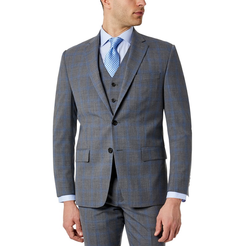 Lauren Ralph Lauren Mens Wool Stretch Suit Jacket 60R Grey Blue Plaid