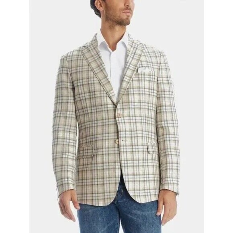 Tallia Men's Slim-Fit LINEN Plaid Blazer 38R Tan Sport Coat