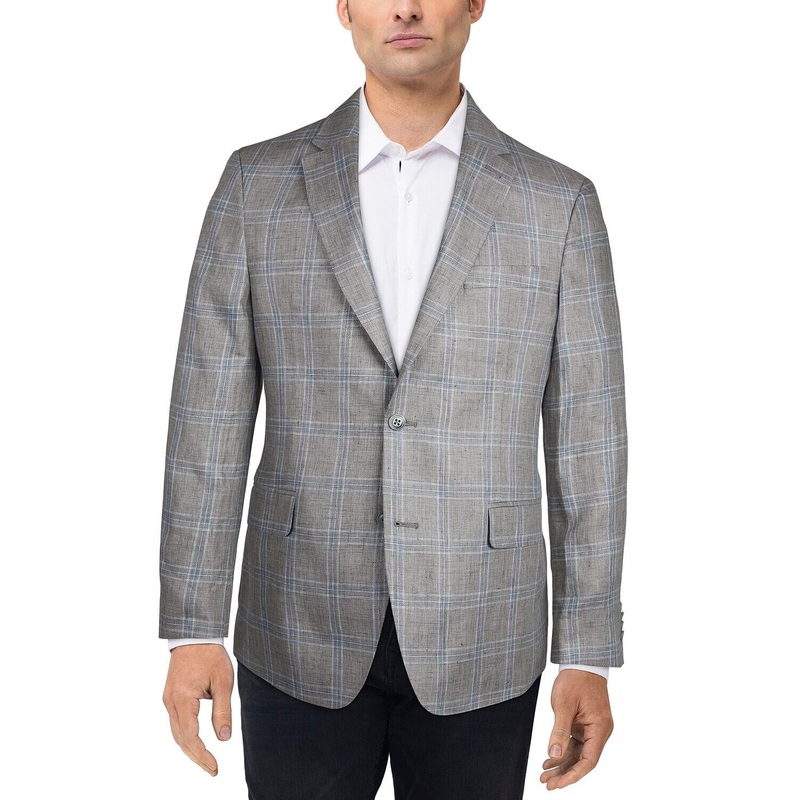Tommy Hilfiger Men's Modern-Fit Linen Plaid Blazer Sport Coat 42L Taupe / Blue