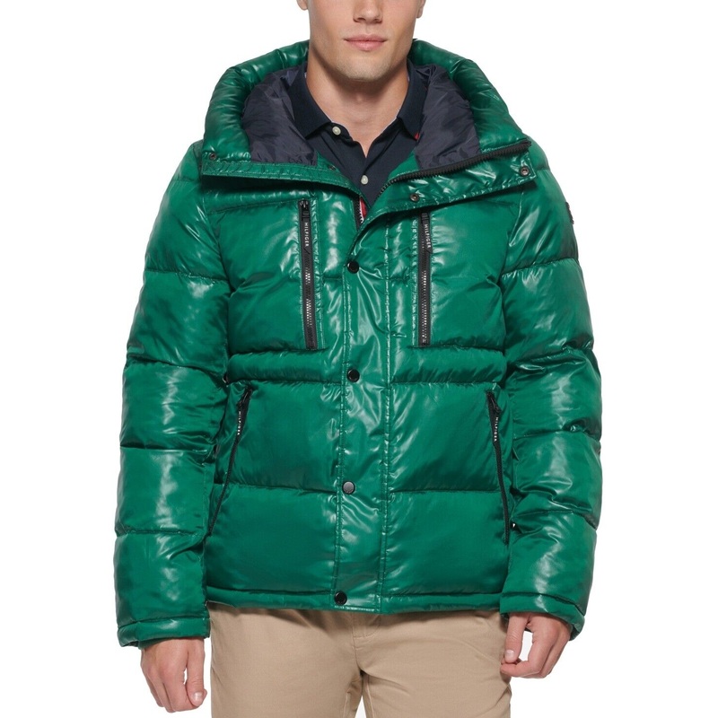 TOMMY HILFIGER Men's Nylon Quilted Hooded Puffer Jacket 2XL XXL Forest Green