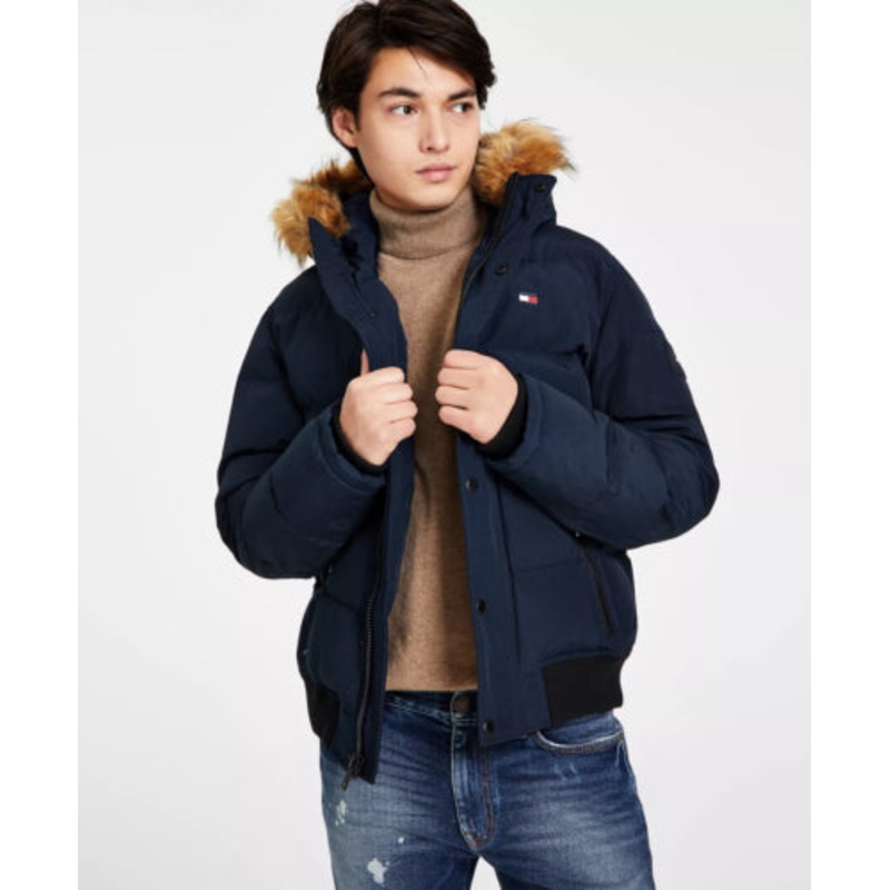 Tommy Hilfiger Mens Fur Hood Short Snorkel Parka Coat 2XL XXL Navy Blue