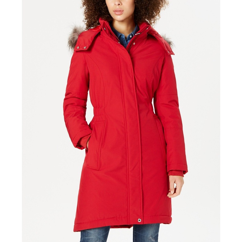 Tommy Hilfiger Womens Hooded Faux-Fur-Trim Puffer Parka Coat XL Red