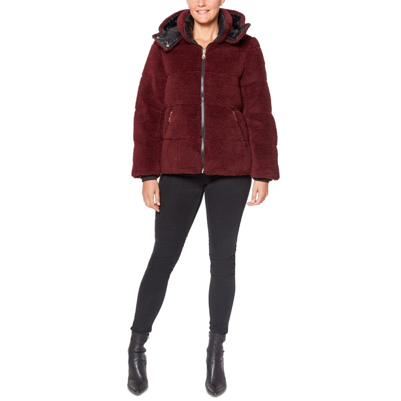 Vince Camuto Women's Hooded Faux-Fur Teddy Medium Puffer Coat OXBLOOD Red