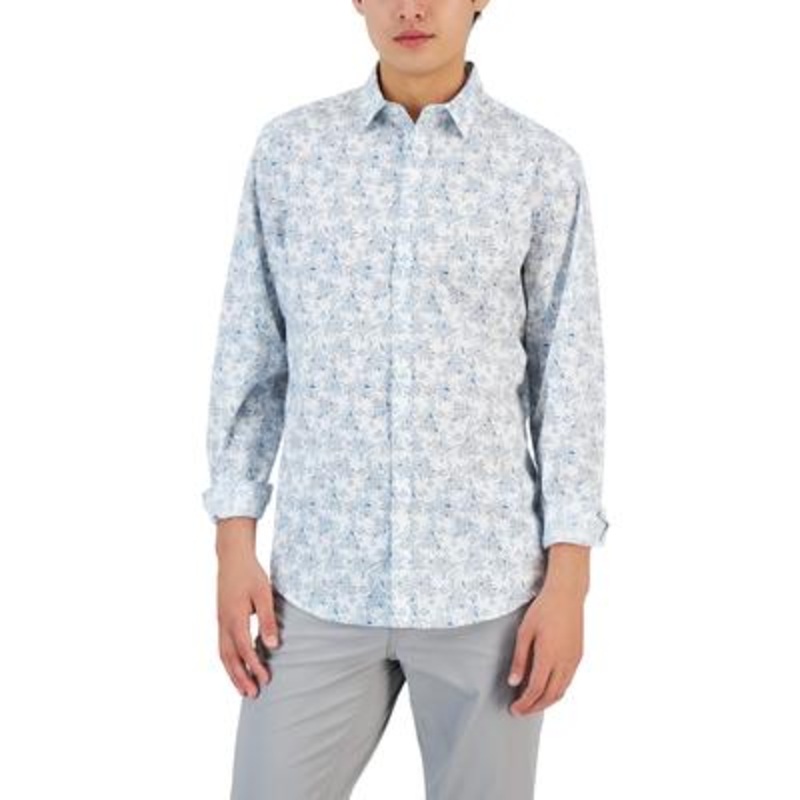 Alfani Men's Entour Leaf Print Button Down Shirt White Blue Small