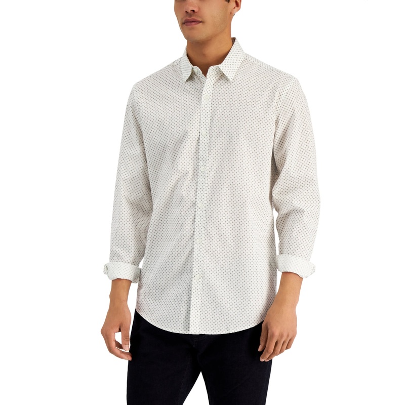 Alfani Men's Zoni Geometric Print Button Down Shirt Egret Small