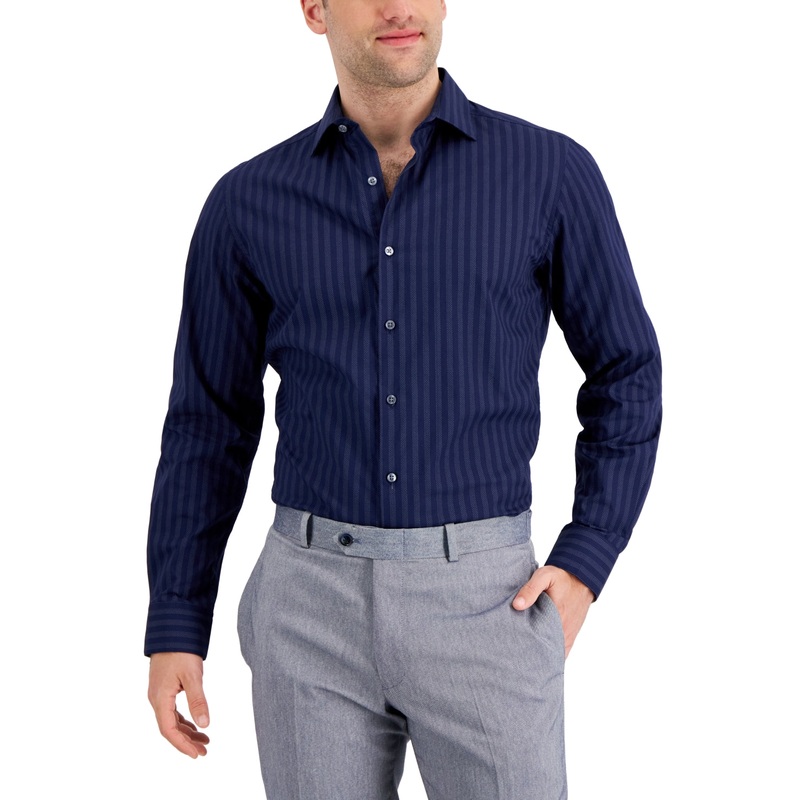 Bar Iii Men's Slim Fit Stretch Dotted Stripe Print Dress Shirt Blue Medium