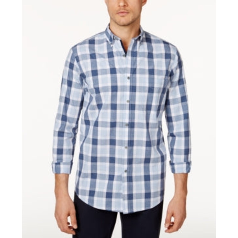 Club Room Men's Plaid Cotton Button Down Long Sleeve Shirt Blue XL