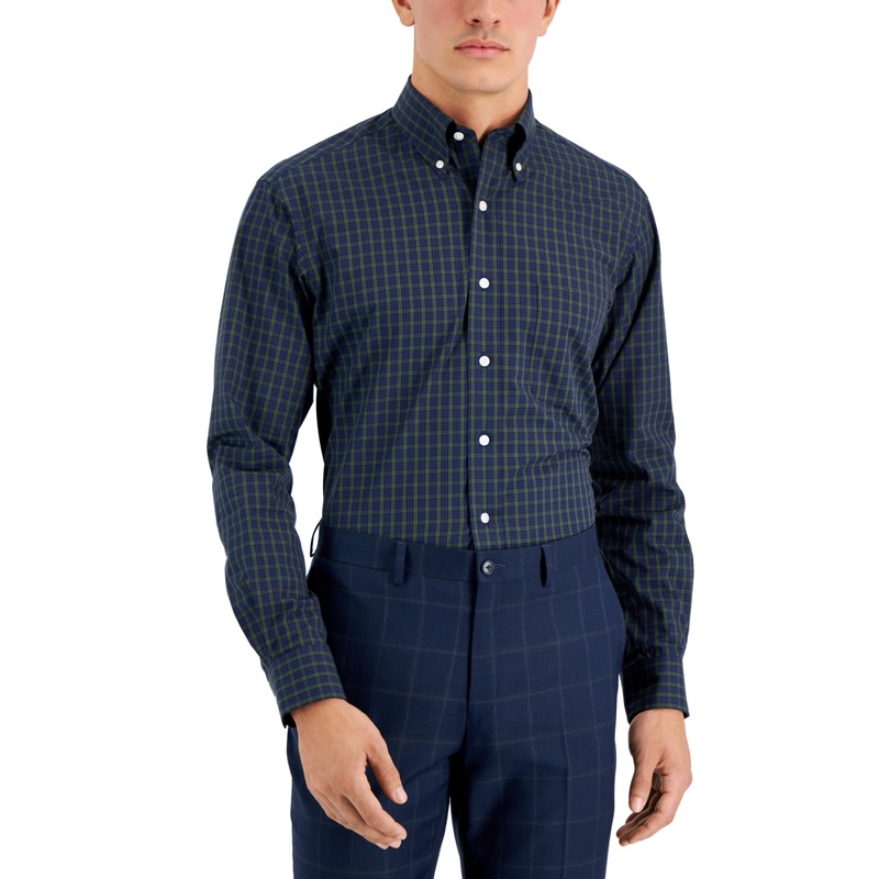 Club Room Men's Regular Fit Blackwatch Mini Check Dress Shirt Blue 17.5 34 35