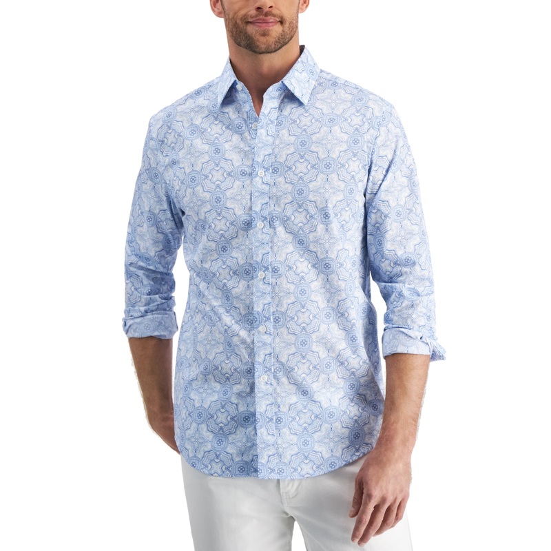 Club Room Mens Medallion Print Button Down Shirt Blue Small