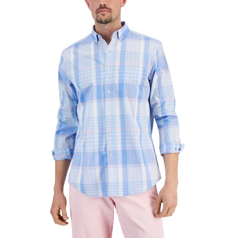 Club Room Mens Spotlight Plaid Button Down Shirt Blue Medium