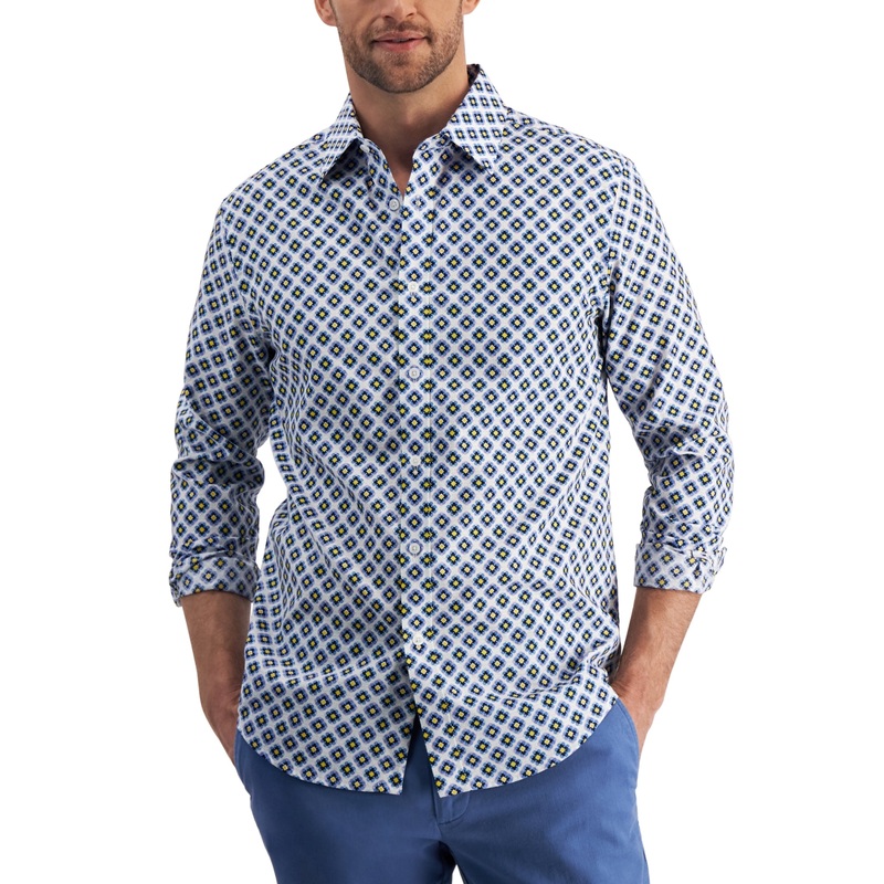 Club Rooom Mens Concho Cotton Print Button Down Shirt Blue White XL