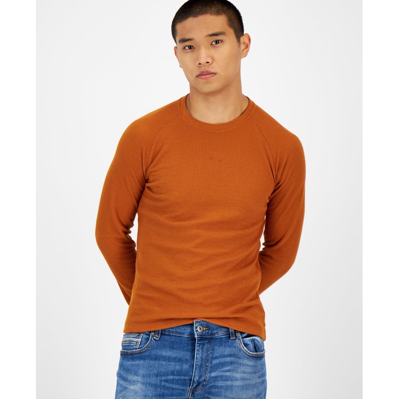 Sun + Stone Men's Thermal Waffle Knit Long Sleeve Shirt Caramel Brown XL
