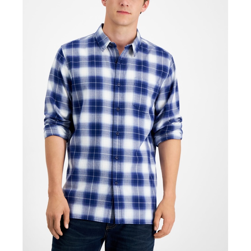 Sun + Stone Men's Will Plaid Button Down Shirt Pompador Blue XL